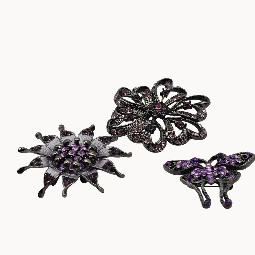Rhinestone Floral Butterfly Brooch Pin Set 3pc Purple Pink Gunmetal‎ Whimsigoth